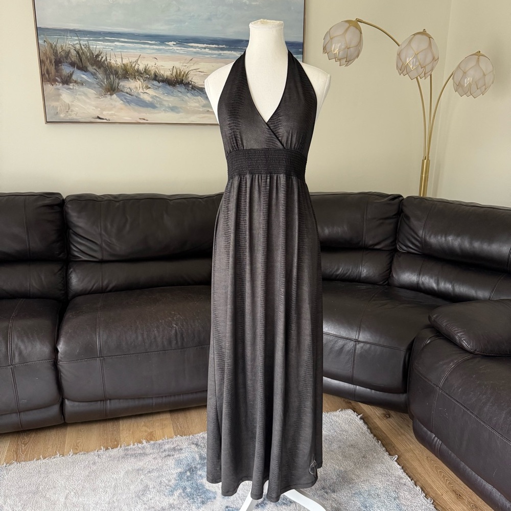 Baby Phat Y2K Halter Maxi Dress Stretch Logo Detail Vacation Black Size Large